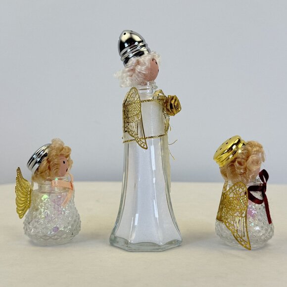 Set Of 3 Vintage Kitchen Angel Salt and Pepper Shakers Glass Handmade 2.5"-5" - Picture 5 of 13